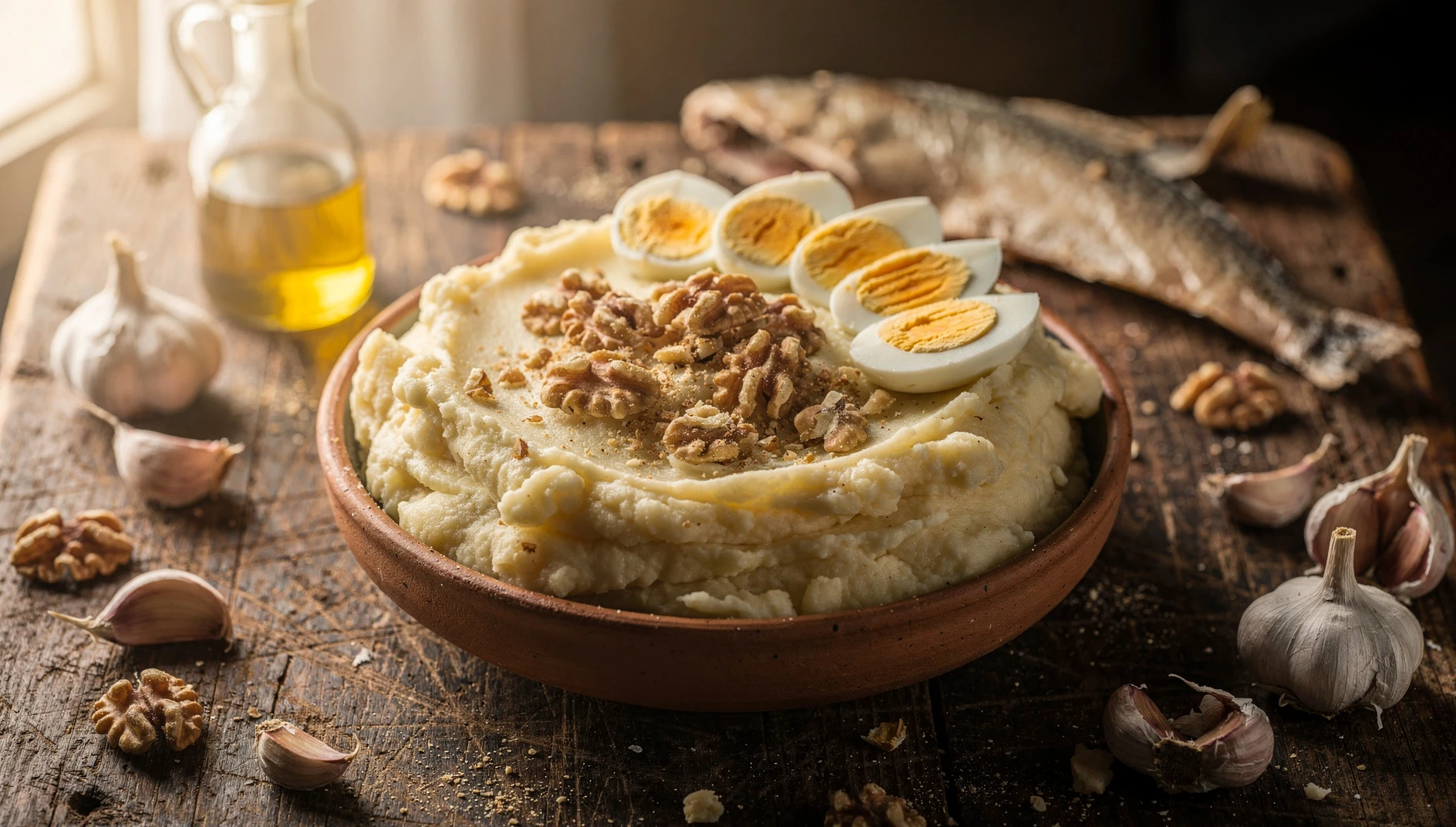Cuenco de barro con atascaburras manchego decorado con nueces y huevo cocido sobre mesa de madera rústica