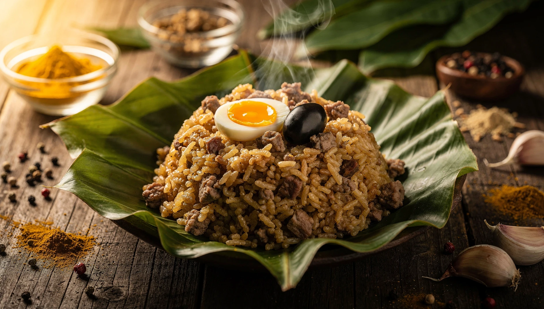 Avispa juane abierto sobre hoja de bijao mostrando arroz con carne molida, huevo duro y aceituna negra