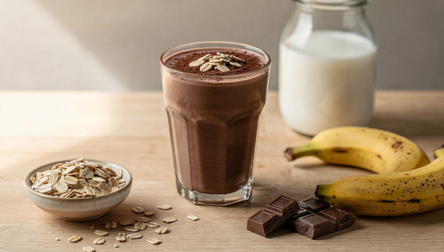 Vaso alto con batido vegano de cacao y avena acompañado de ingredientes frescos sobre superficie de madera