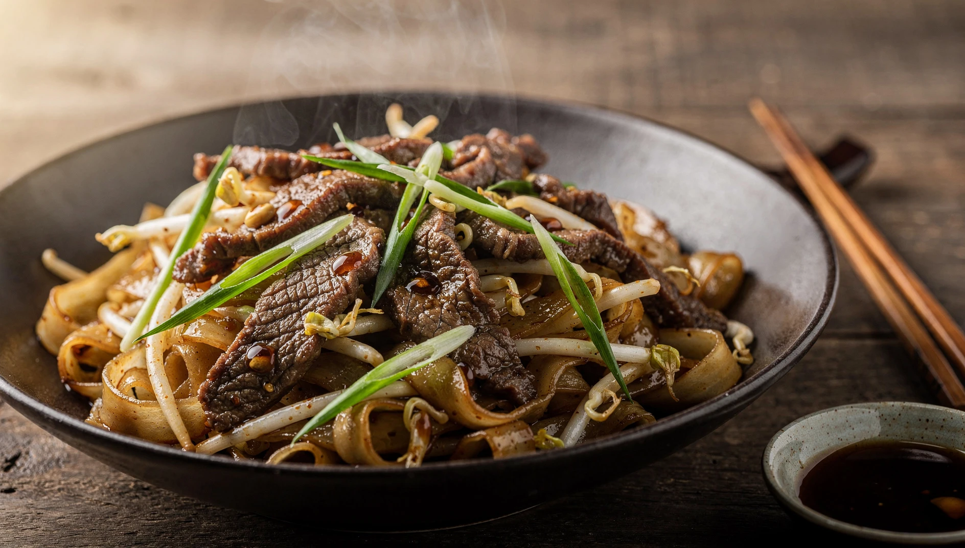 Plato de beef chow fun con fideos de arroz anchos salteados con tiras de res, brotes de frijol y cebolla china