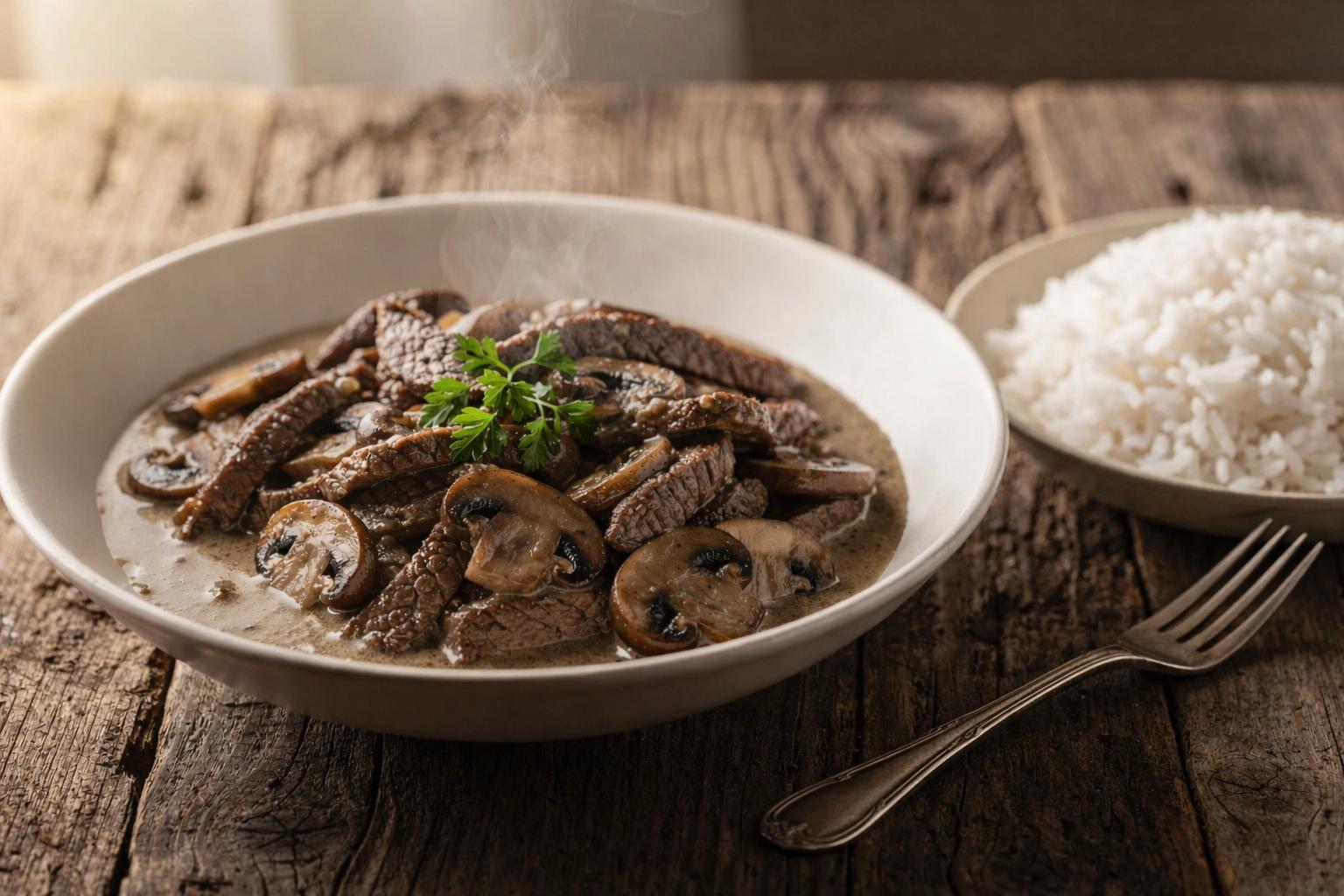 Plato de beef stroganov con tiras de ternera, champiñones y salsa cremosa de nata agria, servido en un cuenco de cerámica