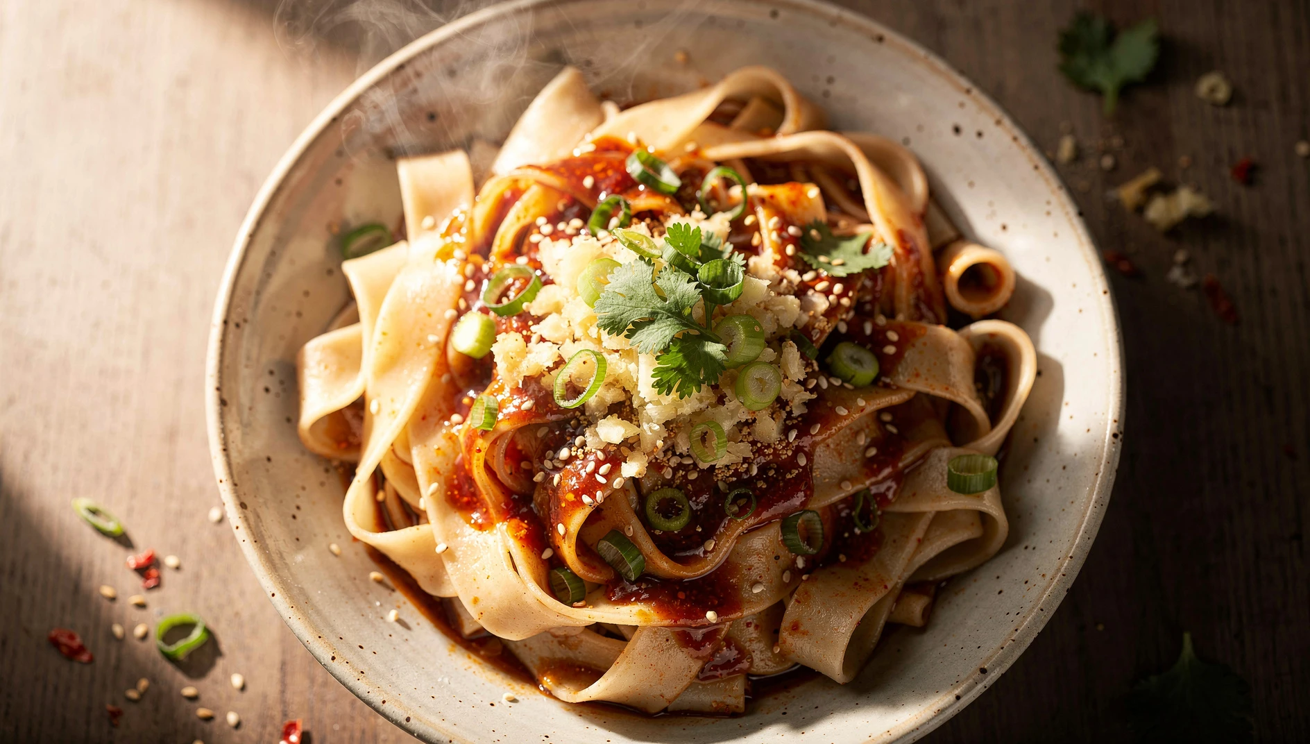 Bol de biangbiang noodles anchos con aceite picante, ajo, sésamo y cilantro fresco