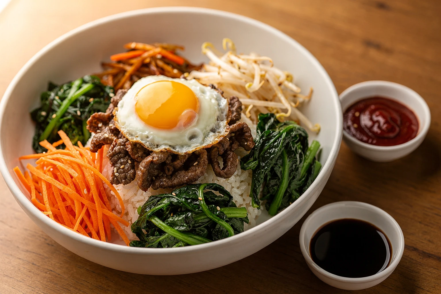 Bibimbap coreano: arroz mezclado con verduras, carne y huevo