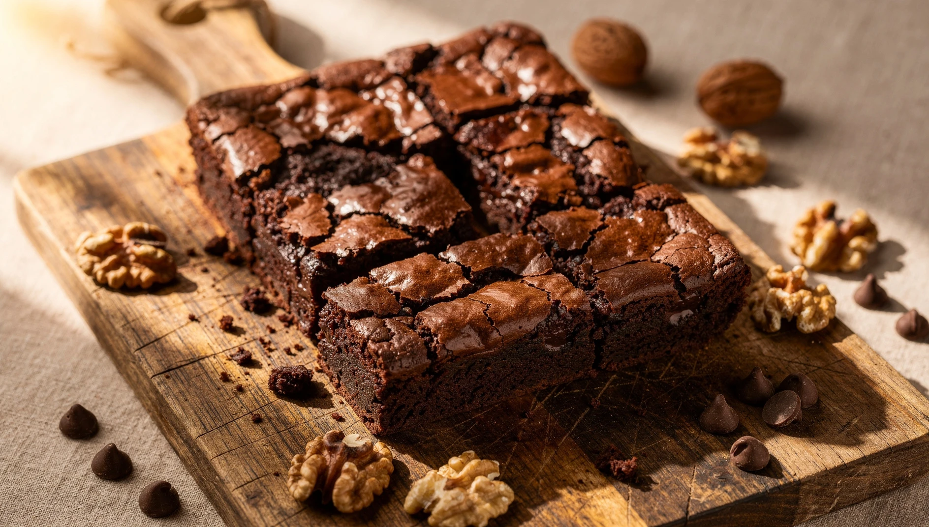 Brownies americanos estilo fudge cortados en cuadrados sobre tabla de madera con nueces y chips de chocolate