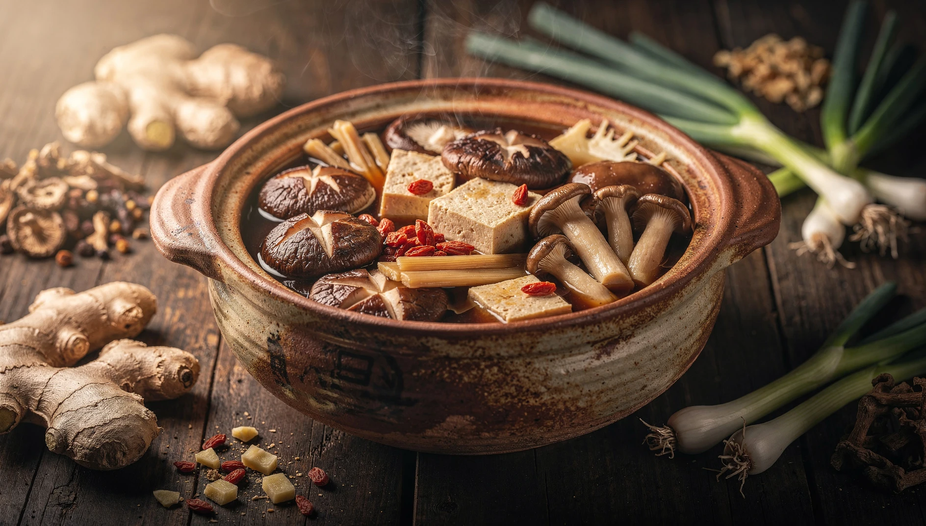 Estofado chino Fó Tiào Qiáng casero en olla de barro con setas shiitake, tofu, bambú y bayas de goji
