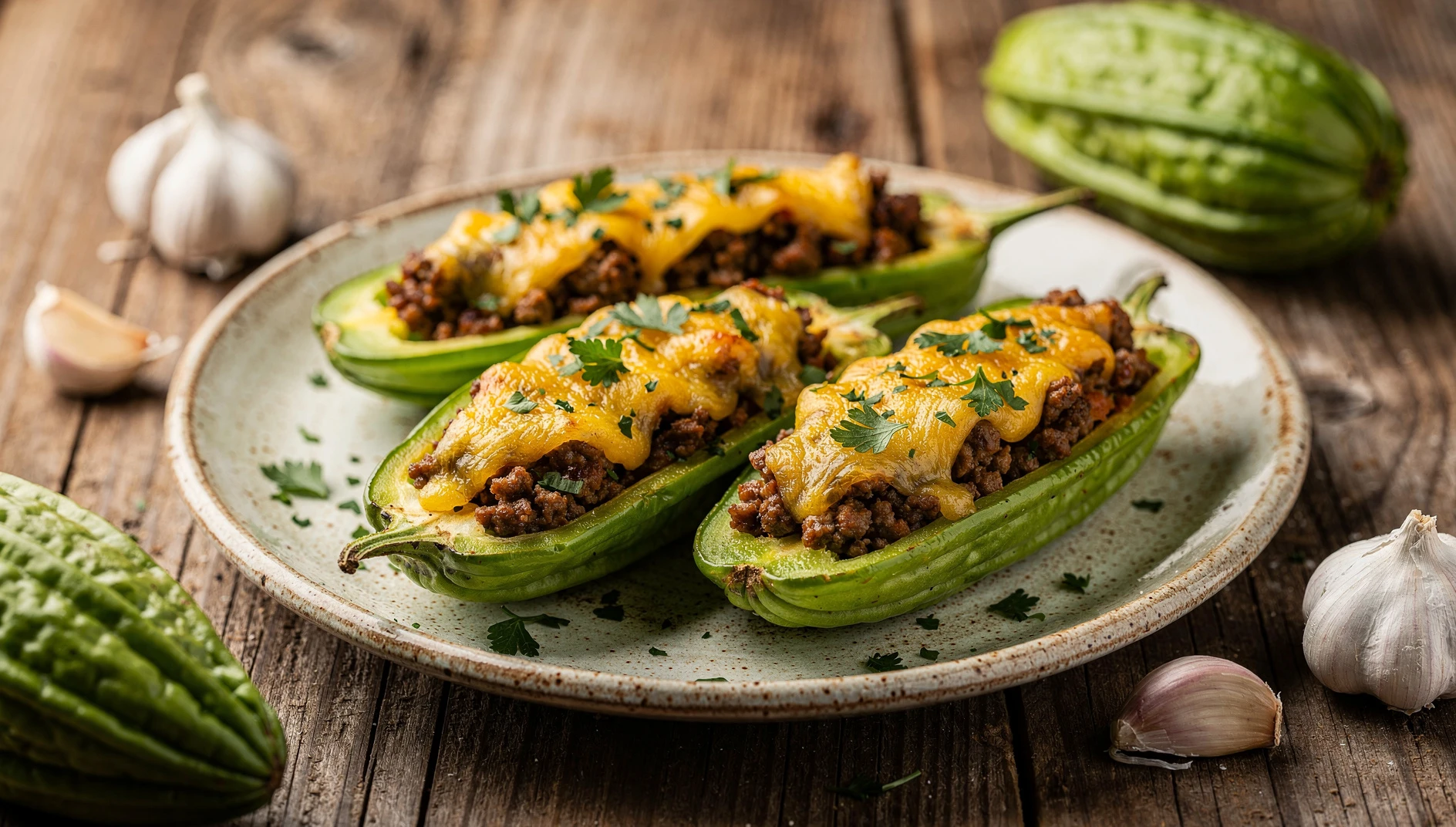 Caigua rellena con carne picada y queso gratinado servida en plato de cerámica