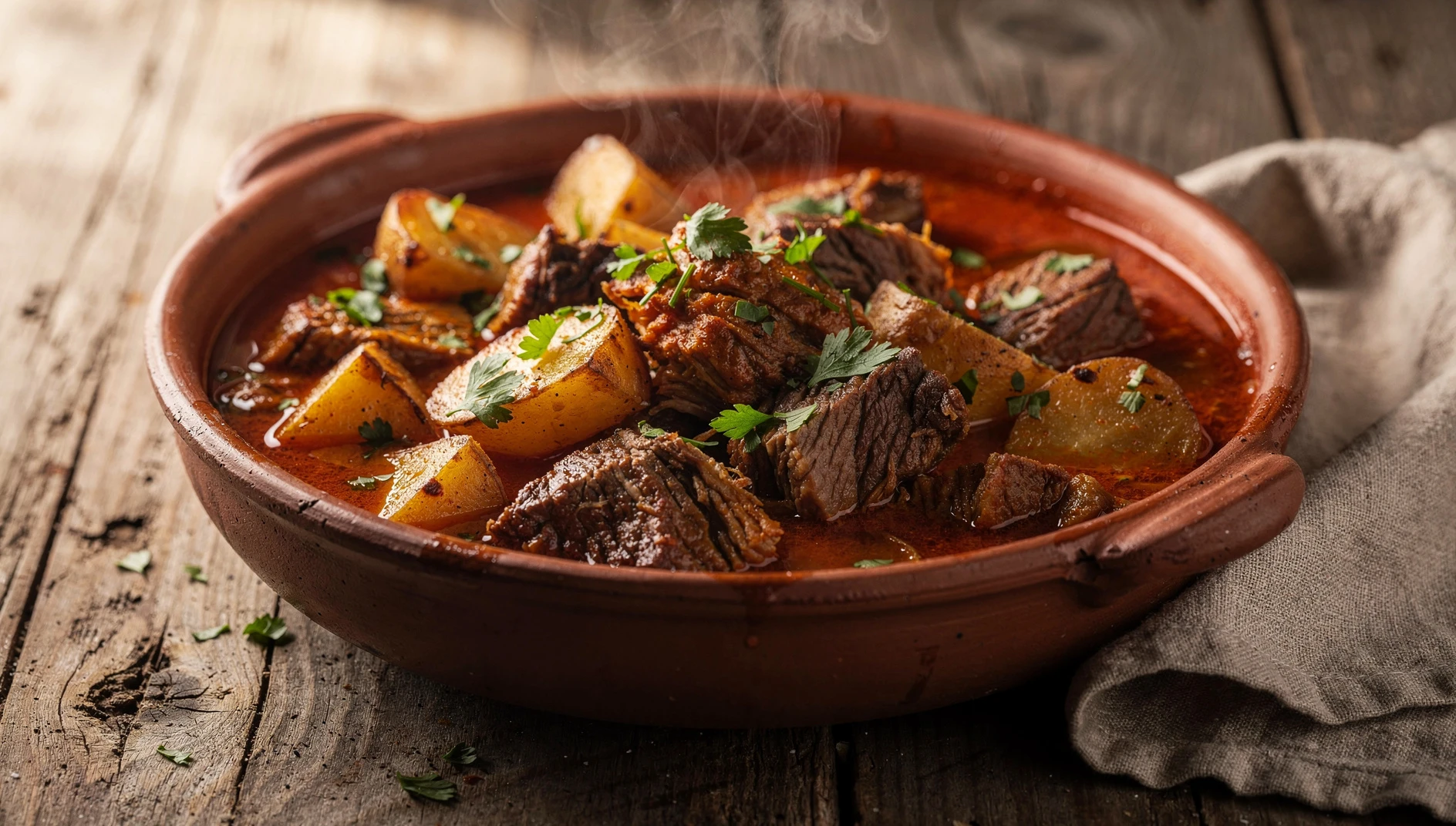 Calderillo bejarano servido en cazuela de barro con trozos de ternera, patatas y caldo de pimentón