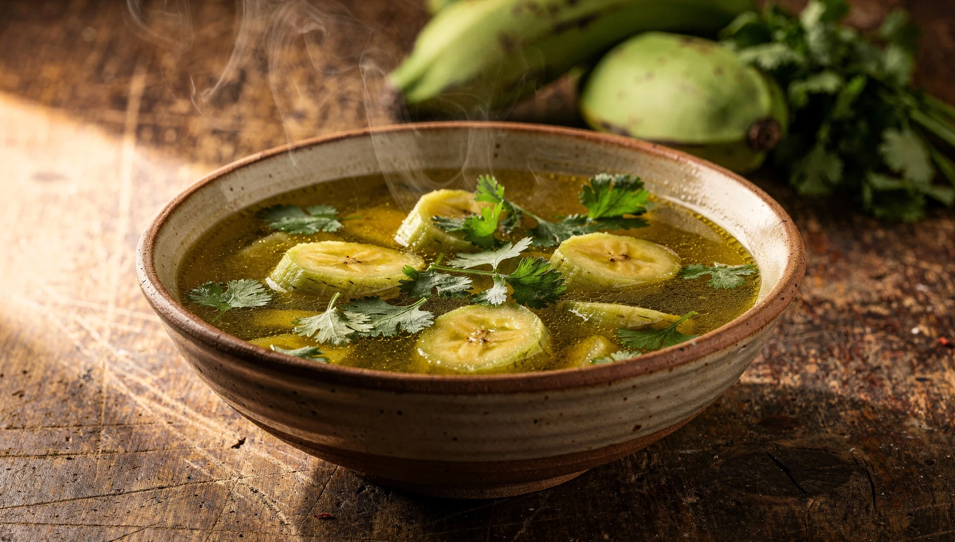 Tazón de caldo de carachama con rodajas de plátano verde y culantro fresco, servido caliente sobre mesa de madera rústica