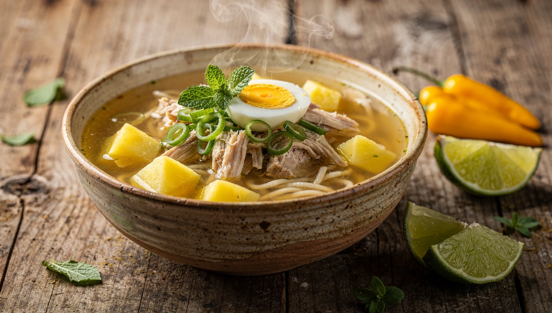 Tazón de caldo de gallina serrano peruano con papa amarilla, fideos, huevo cocido y hierbabuena fresca