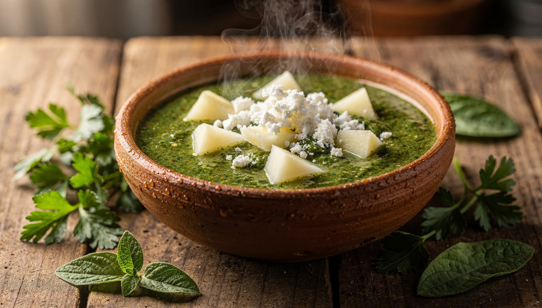 Tazón de caldo verde cajamarquino con trozos de papa y queso fresco desmenuzado, servido en un bol de barro