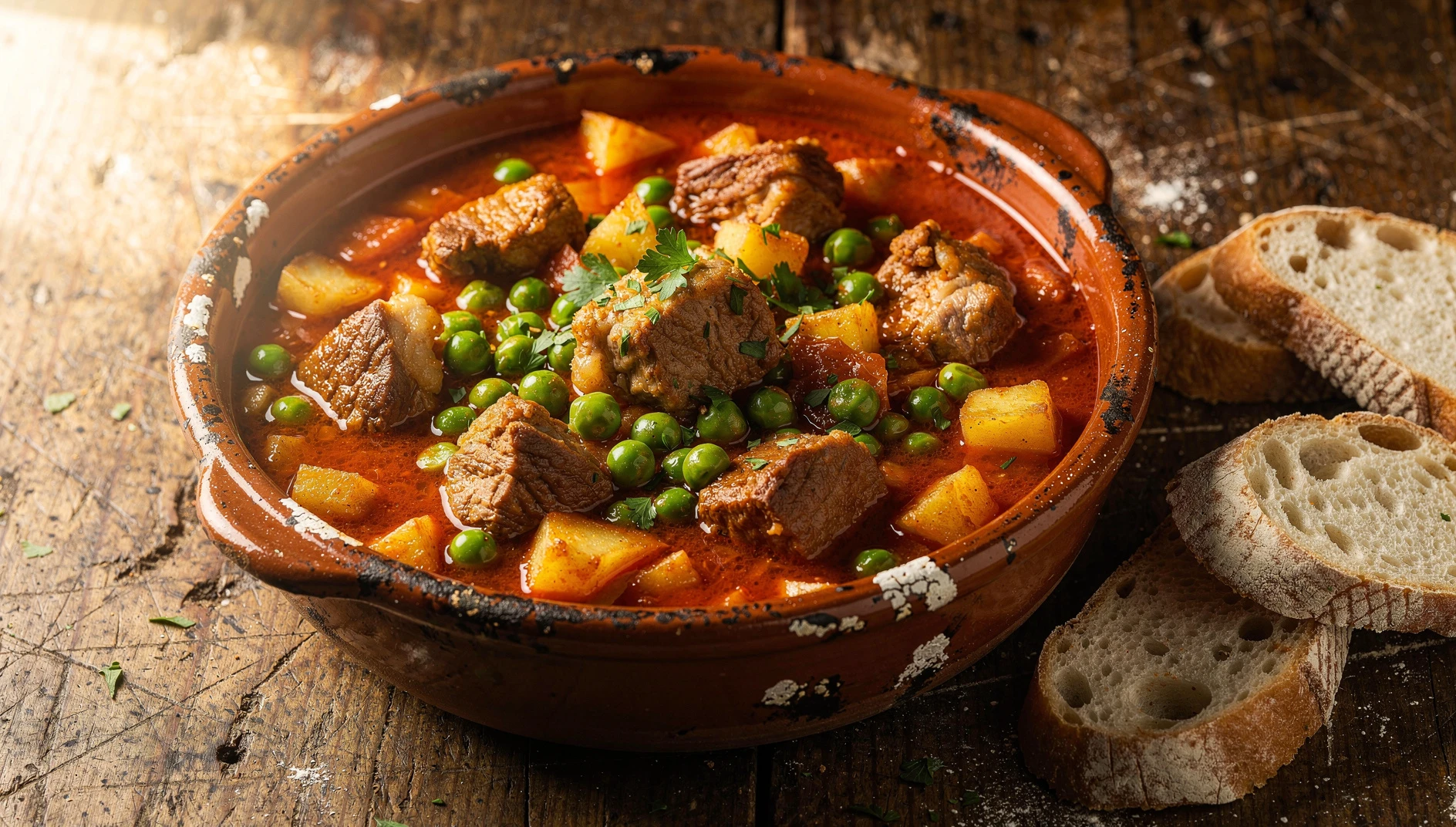 Cazuela de carcamusas toledanas con carne de cerdo, guisantes y patatas en salsa de tomate