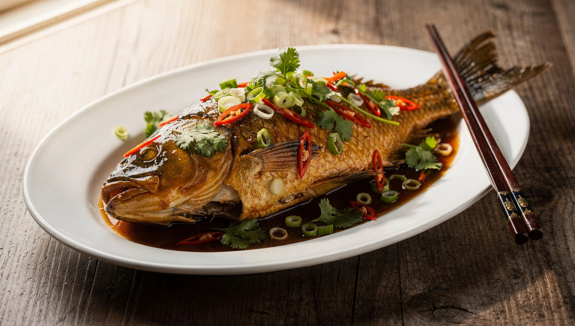 Carpa del Río Amarillo frita entera cubierta con salsa agridulce ámbar y decorada con cebolleta y cilantro fresco