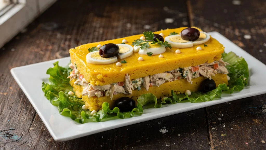 Causa limeña de pollo con capas de puré de papa amarilla, relleno de pollo, huevo duro y aceitunas negras