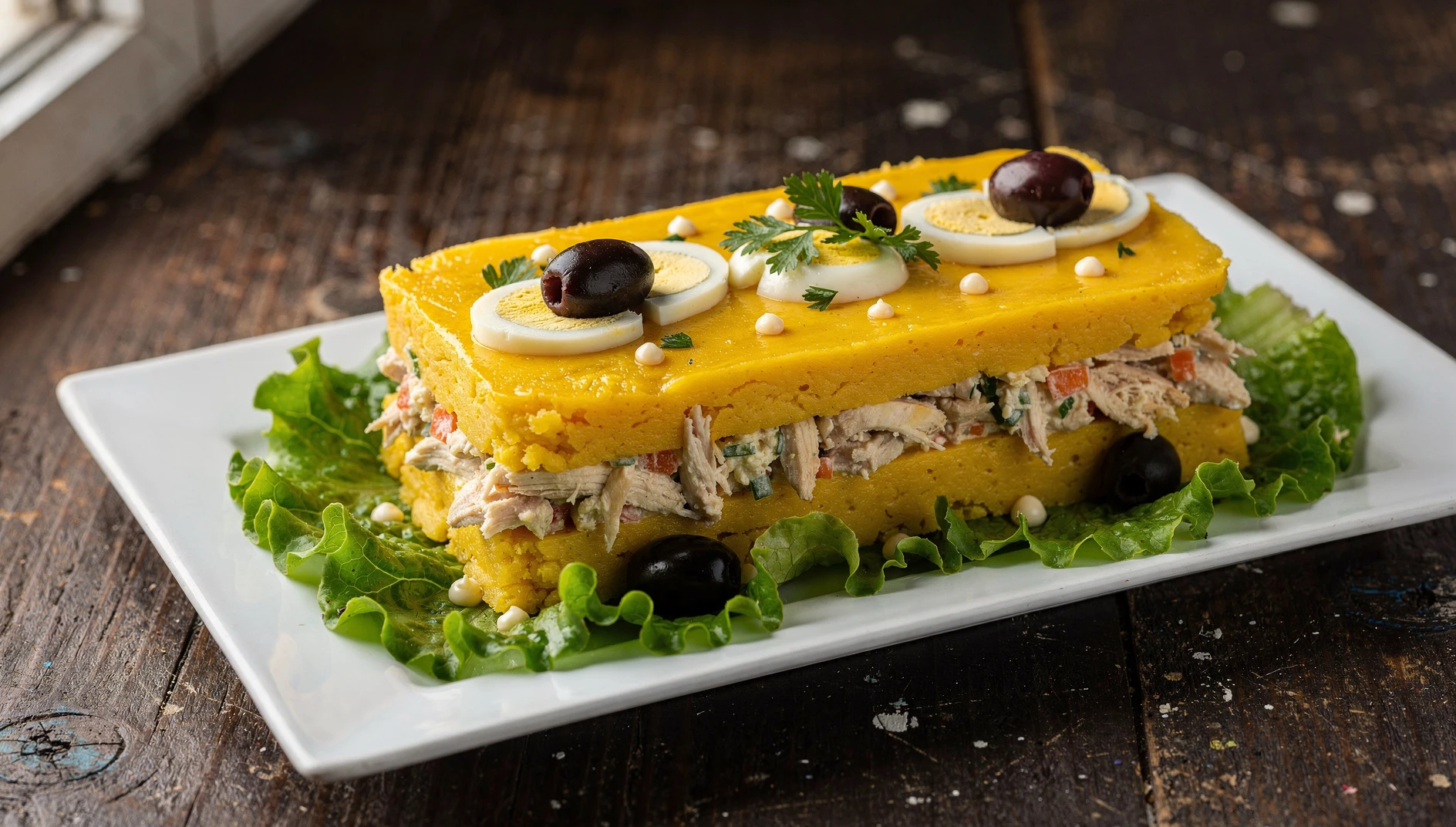 Causa limeña de pollo con capas de puré de papa amarilla, relleno de pollo, huevo duro y aceitunas negras