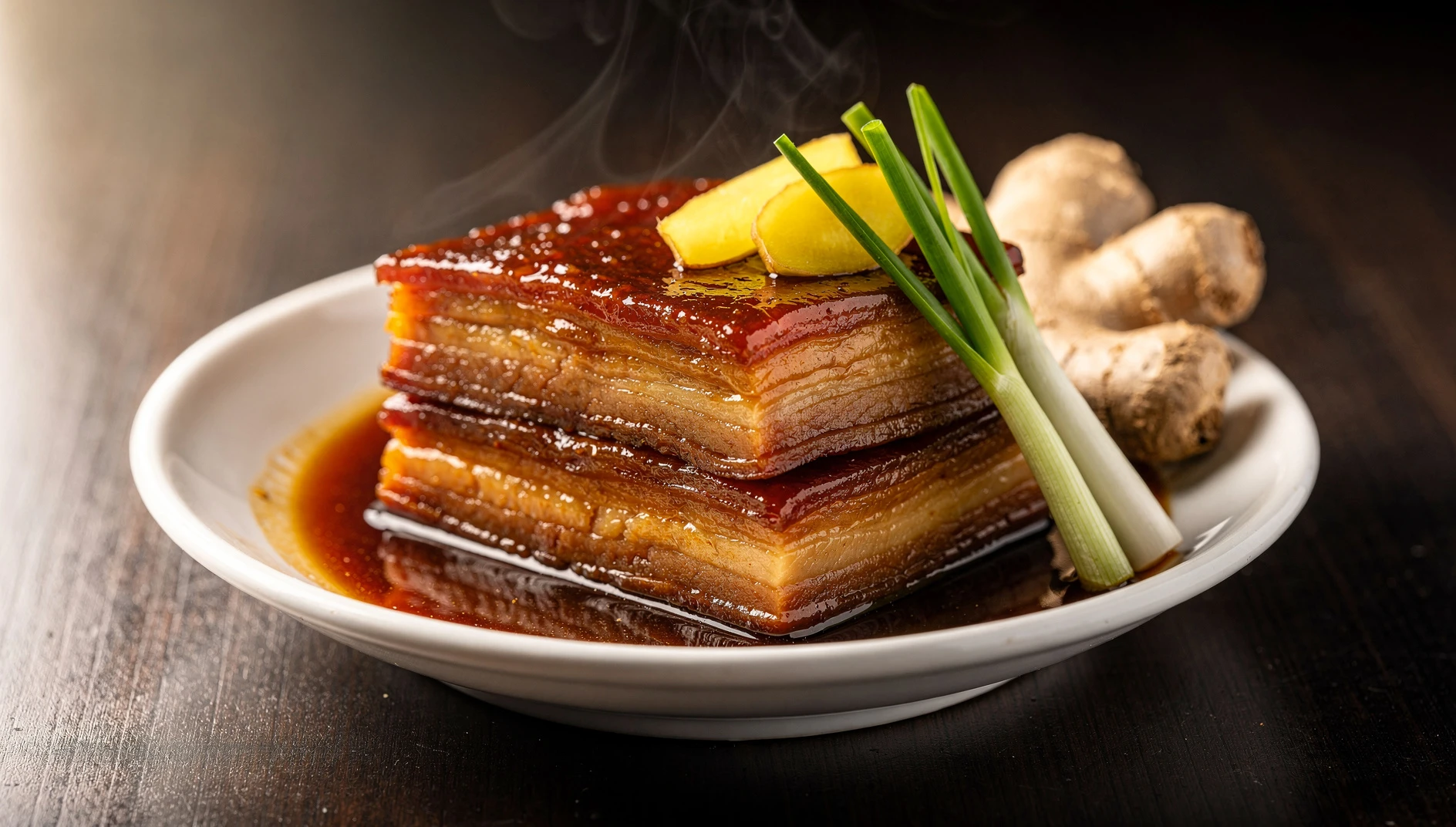 Cerdo Dongpo de Hangzhou servido en cuenco blanco con salsa caramelizada y cebolletas frescas