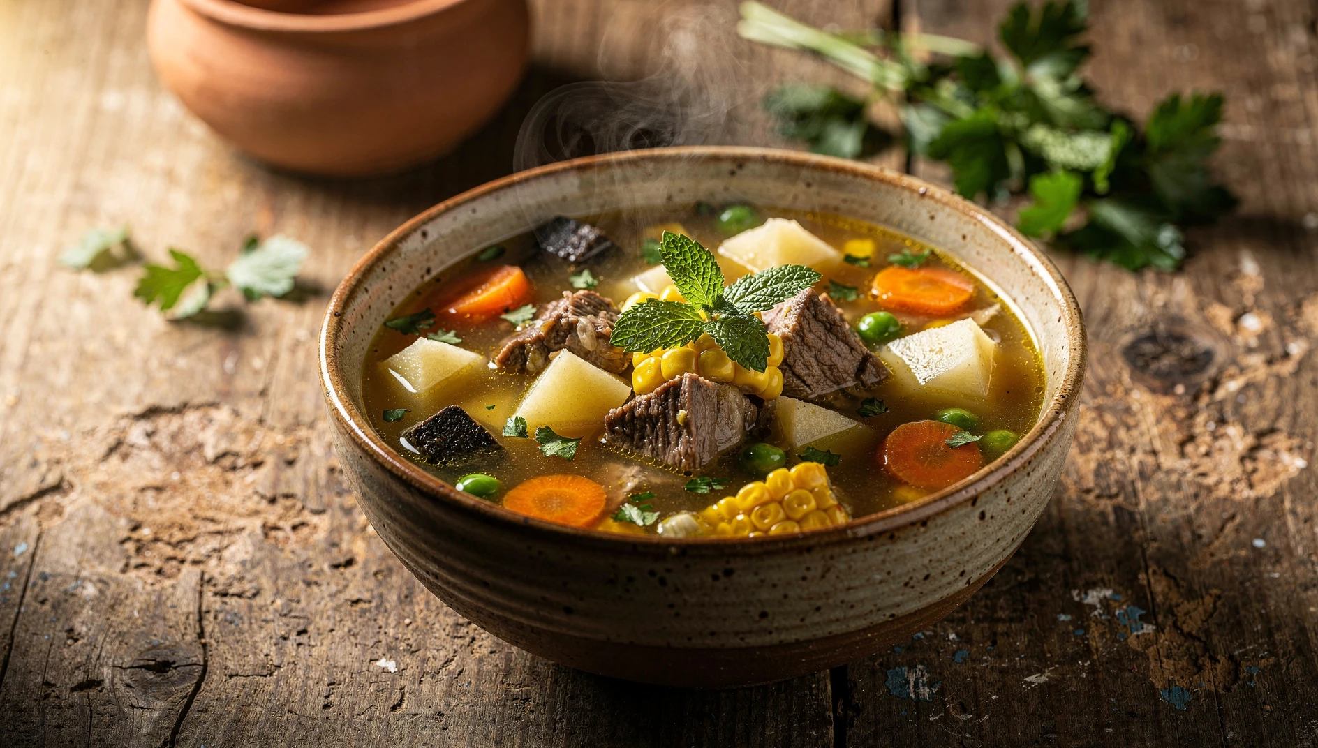 Bol de chairo andino con carne, papa, chuño y hierbas frescas servido caliente