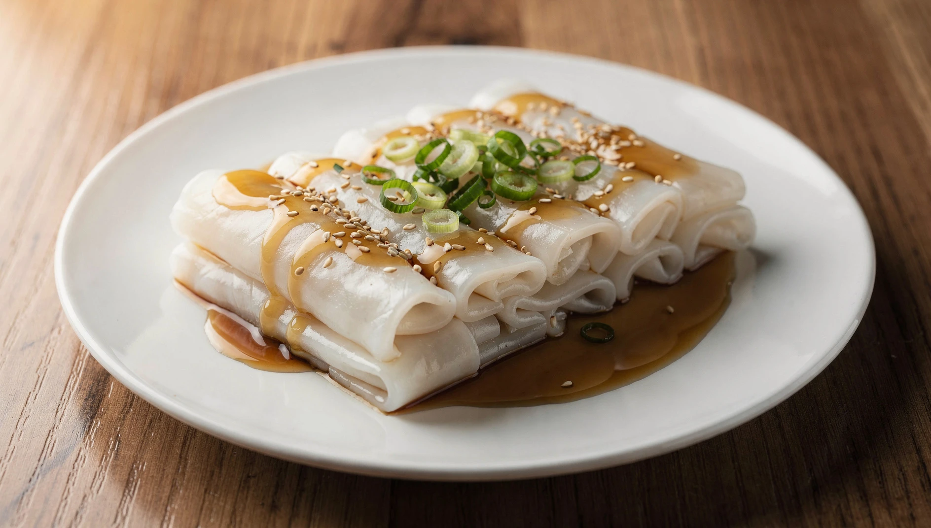 Cheung fun o rollitos de fideo de arroz servidos con salsa de sillao ligera y sésamo