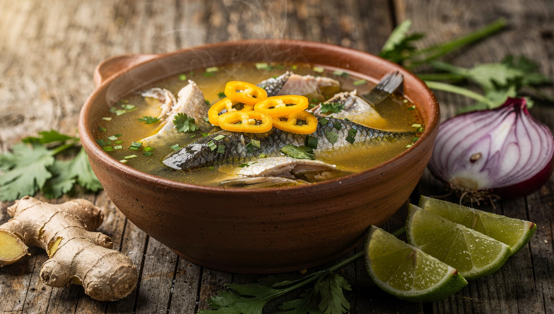 Tazón de chilcano de boquichico con trozos de pescado, culantro picado y rodajas de limón, típico de Tingo María
