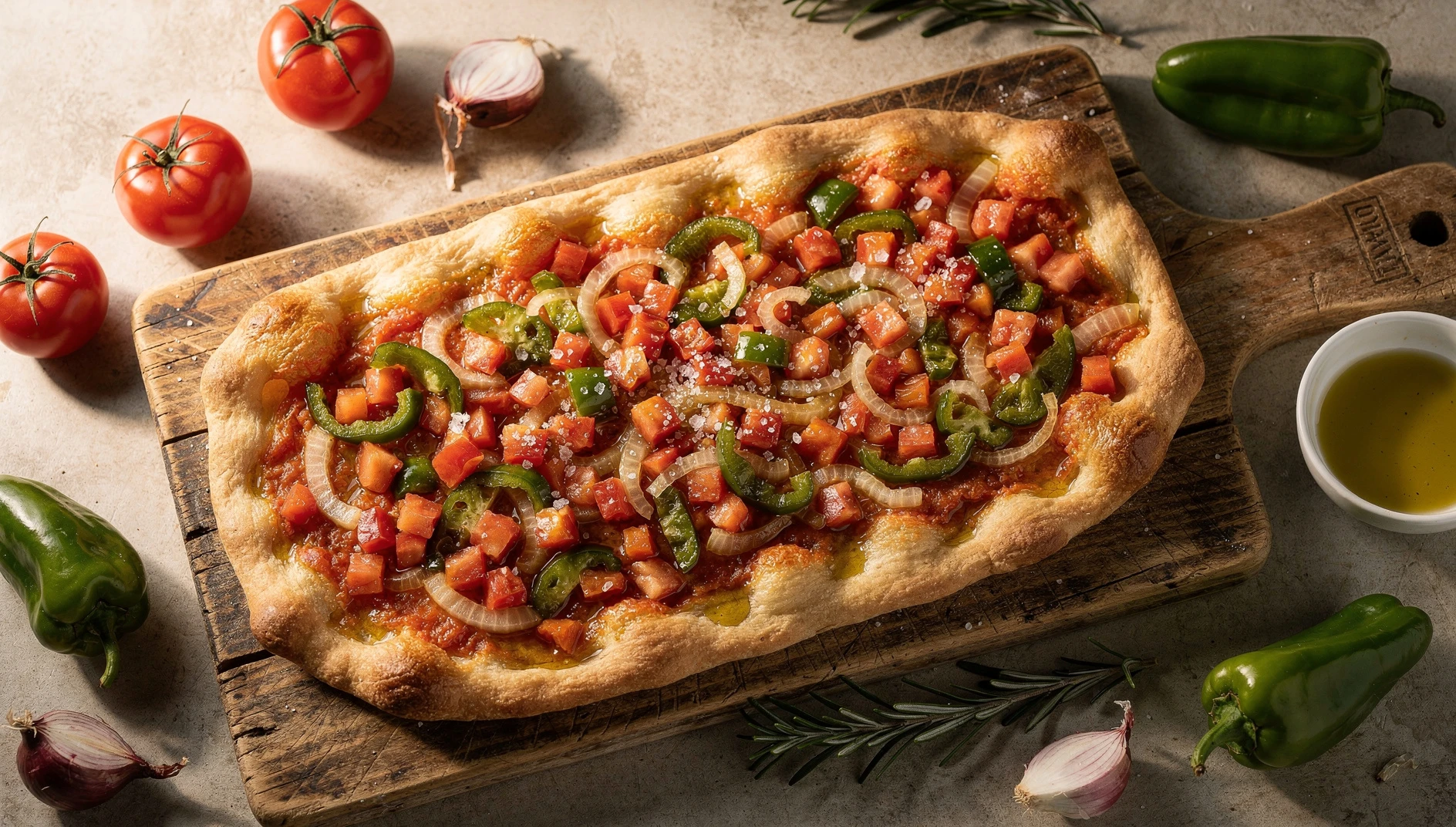 Coca de trampó mallorquina con verduras frescas de tomate, pimiento verde y cebolla sobre masa fina y dorada