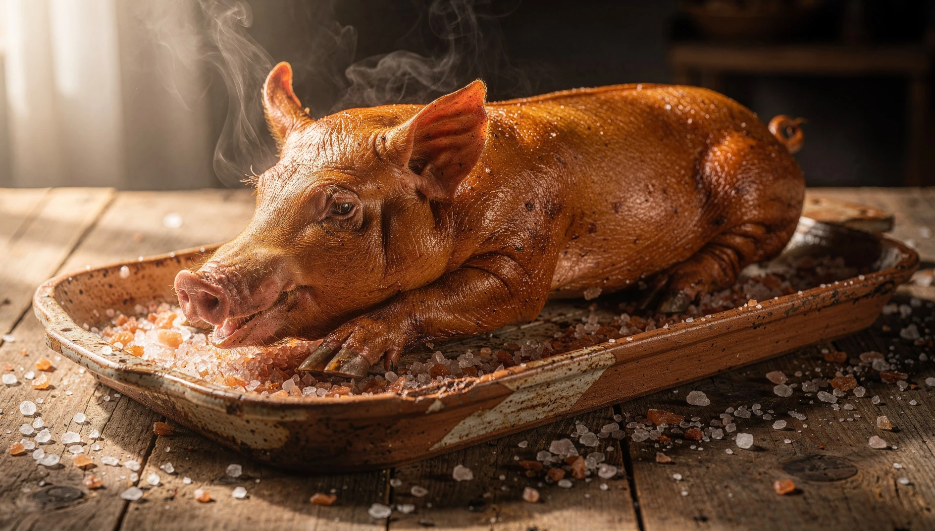 Cochinillo asado entero con piel dorada y crujiente sobre bandeja de barro en mesa de madera