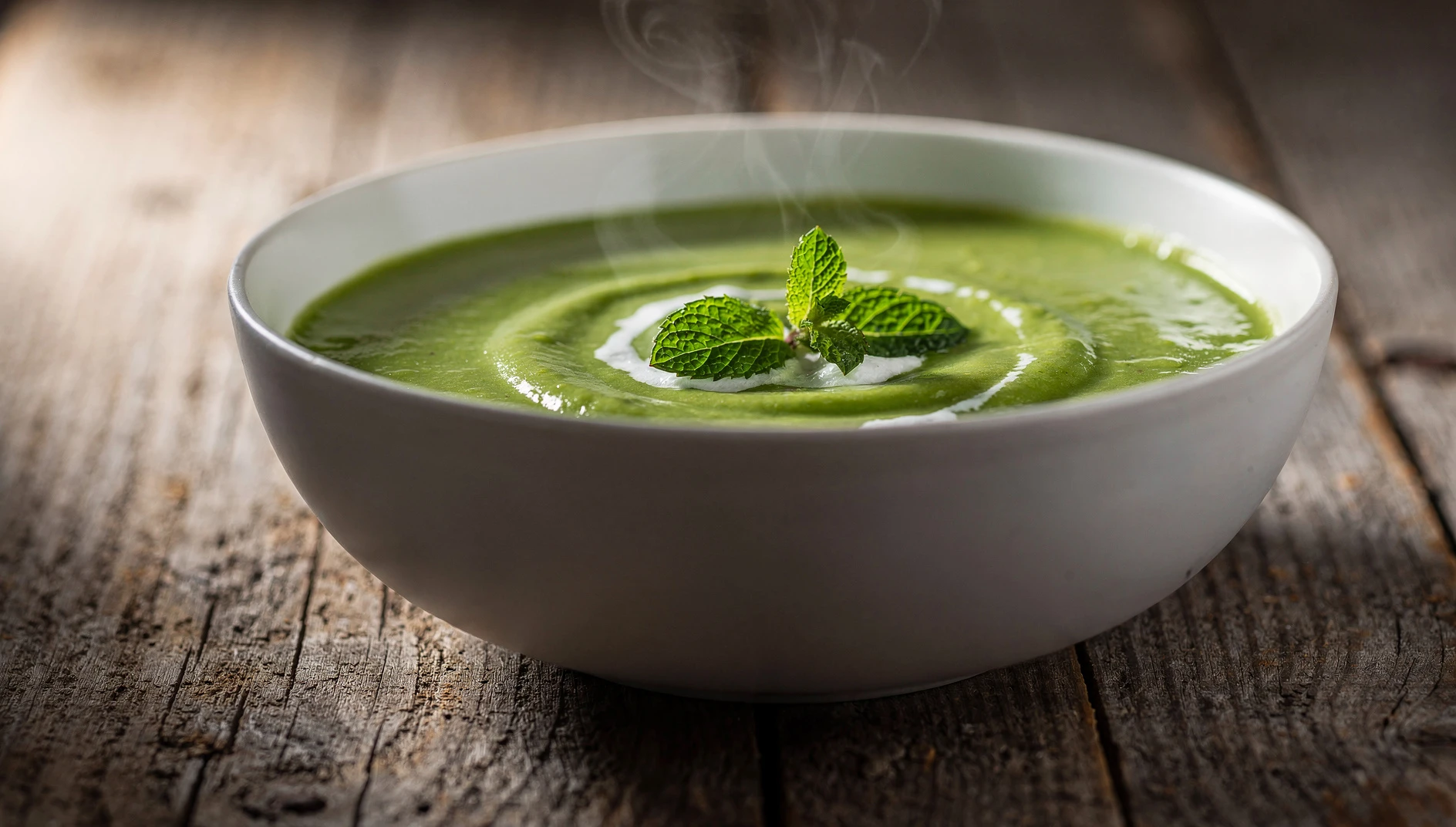 Crema vegana de arvejas con menta servida en un bol blanco con hojas de menta fresca y un chorrito de crema de coco