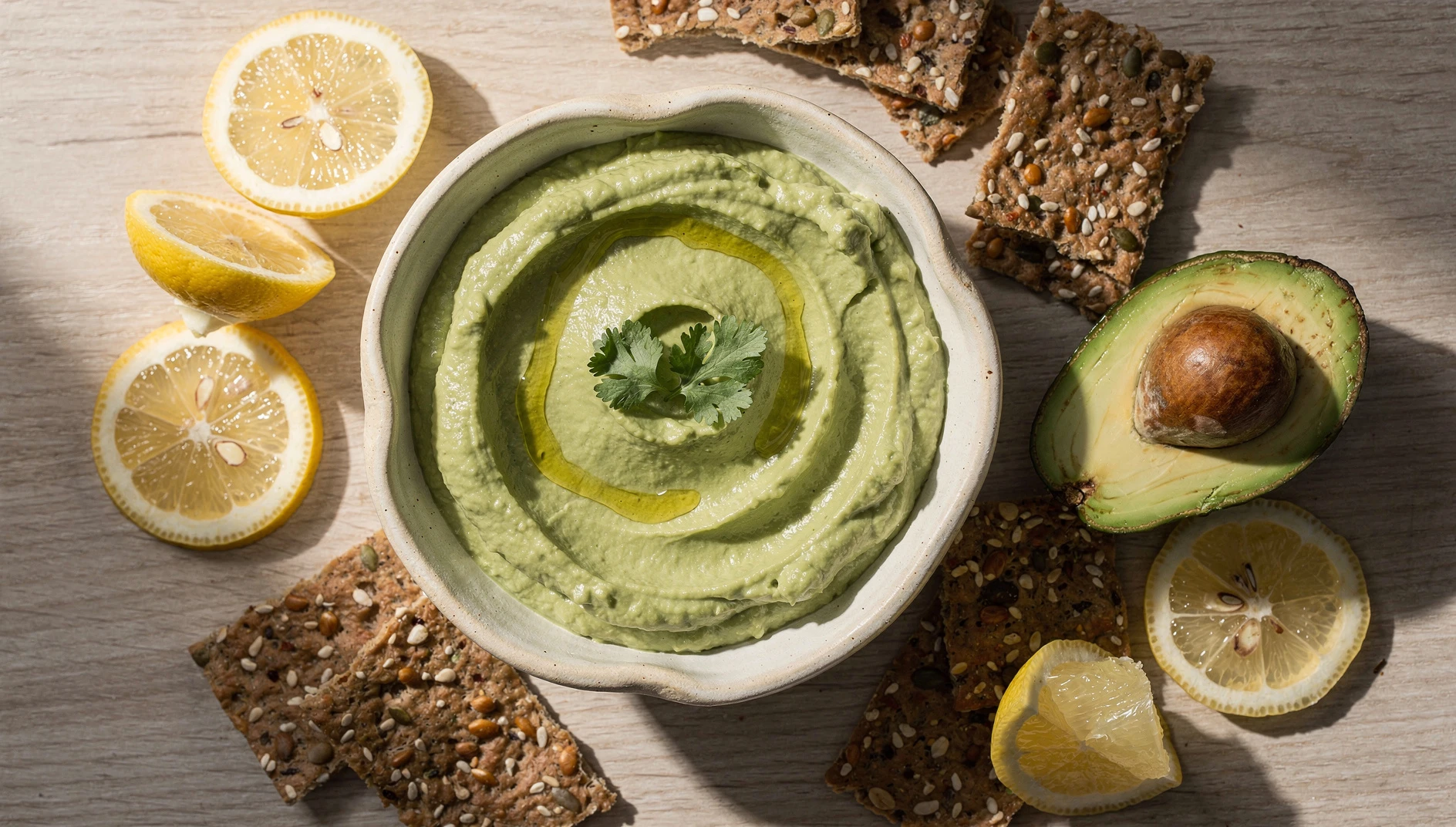 Crema vegana de palta y limón en un bol de cerámica decorada con cilantro fresco y un chorrito de aceite de oliva