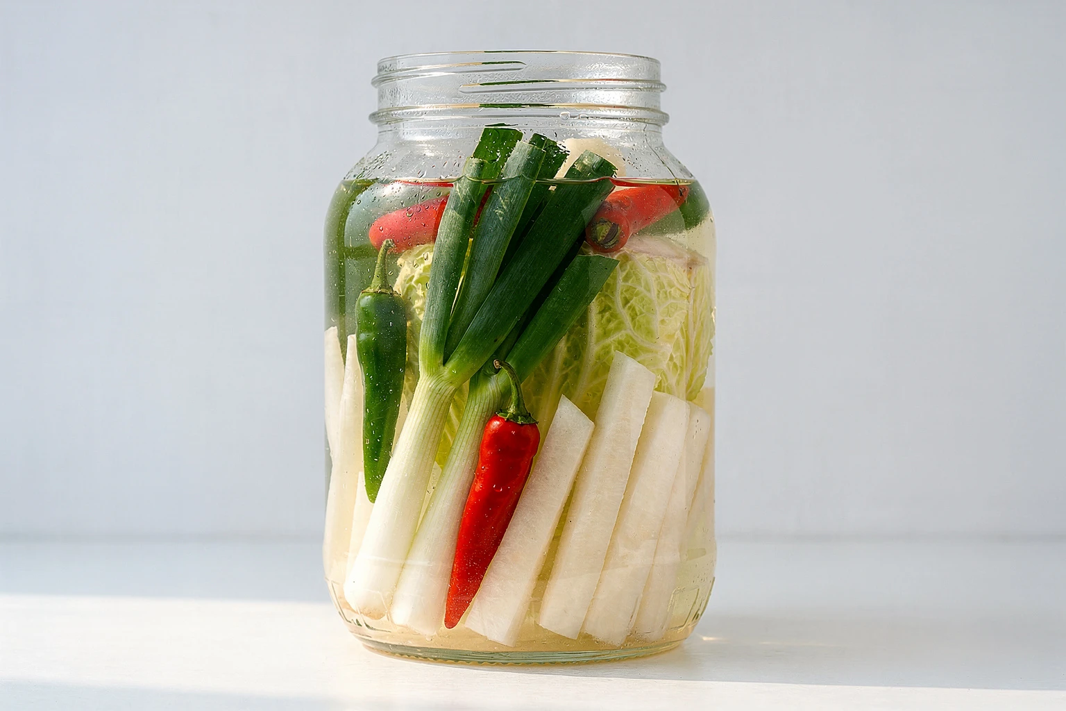 Dongchimi coreano: kimchi blanco de rábano en agua