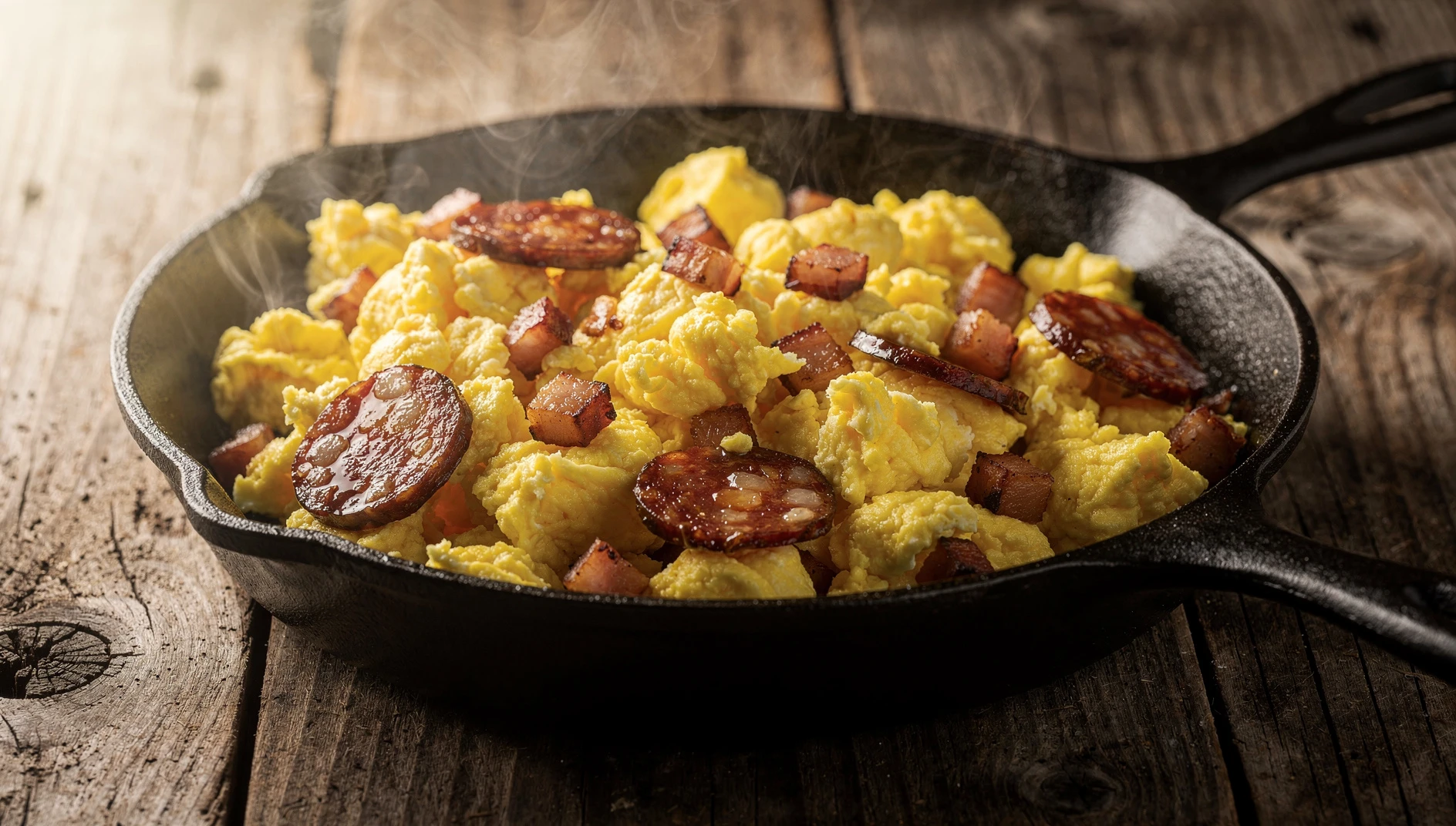 Sartén con duelos y quebrantos recién hechos, con huevos revueltos, tocino dorado y chorizo al estilo manchego tradicional