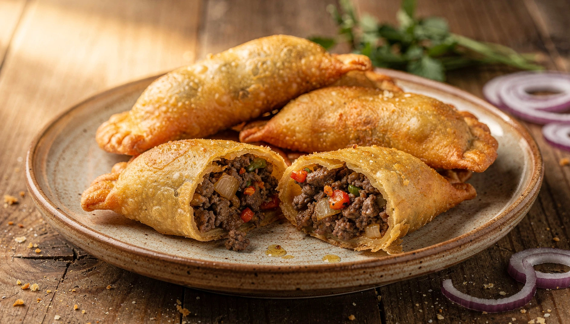 Empanadas de plátano rellenas fritas servidas en un plato rústico, con una empanada abierta mostrando el relleno de carne
