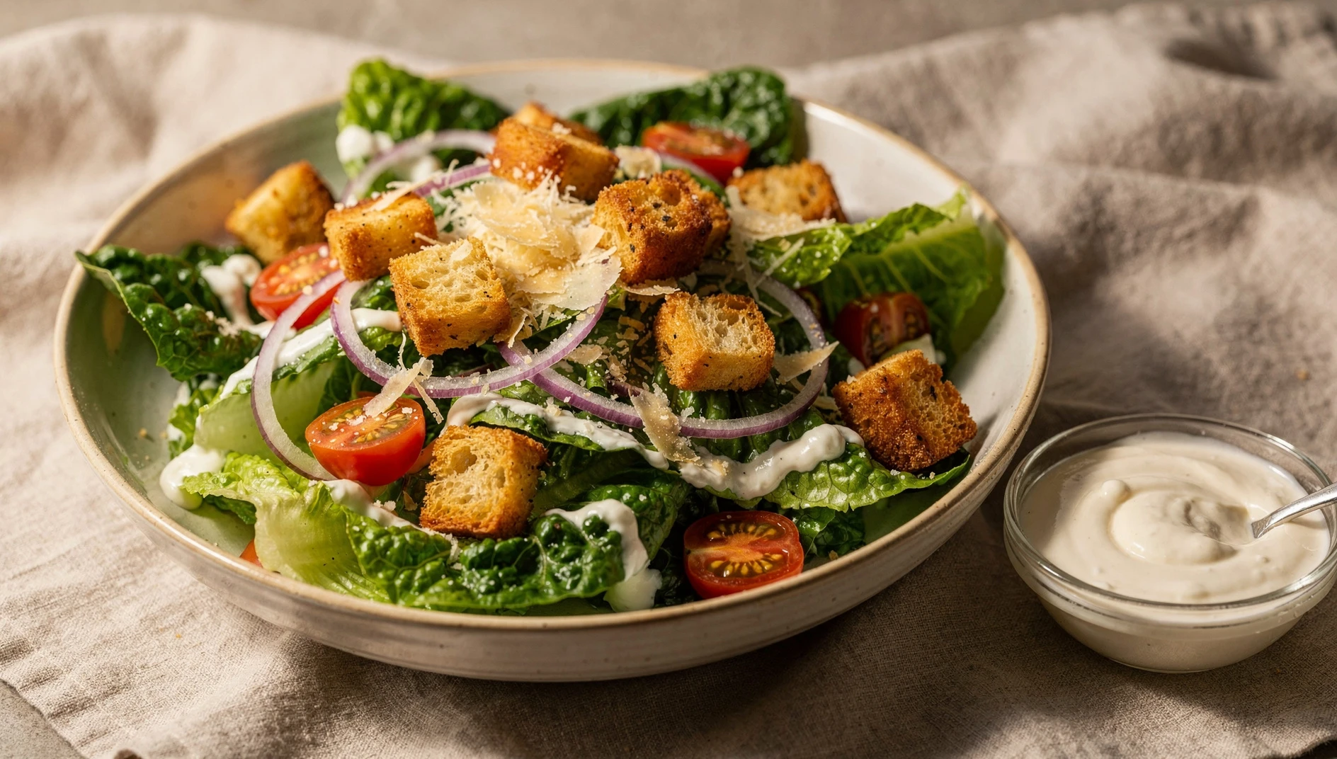 Ensalada César vegana con aderezo cremoso, crutones dorados y tomates cherry en un bol de cerámica