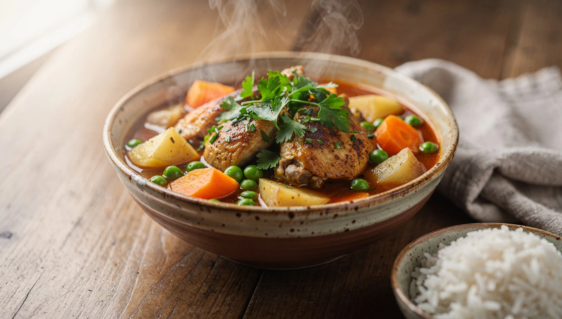 Tazón de estofado de pollo peruano con papas, zanahorias y arvejas servido con arroz blanco