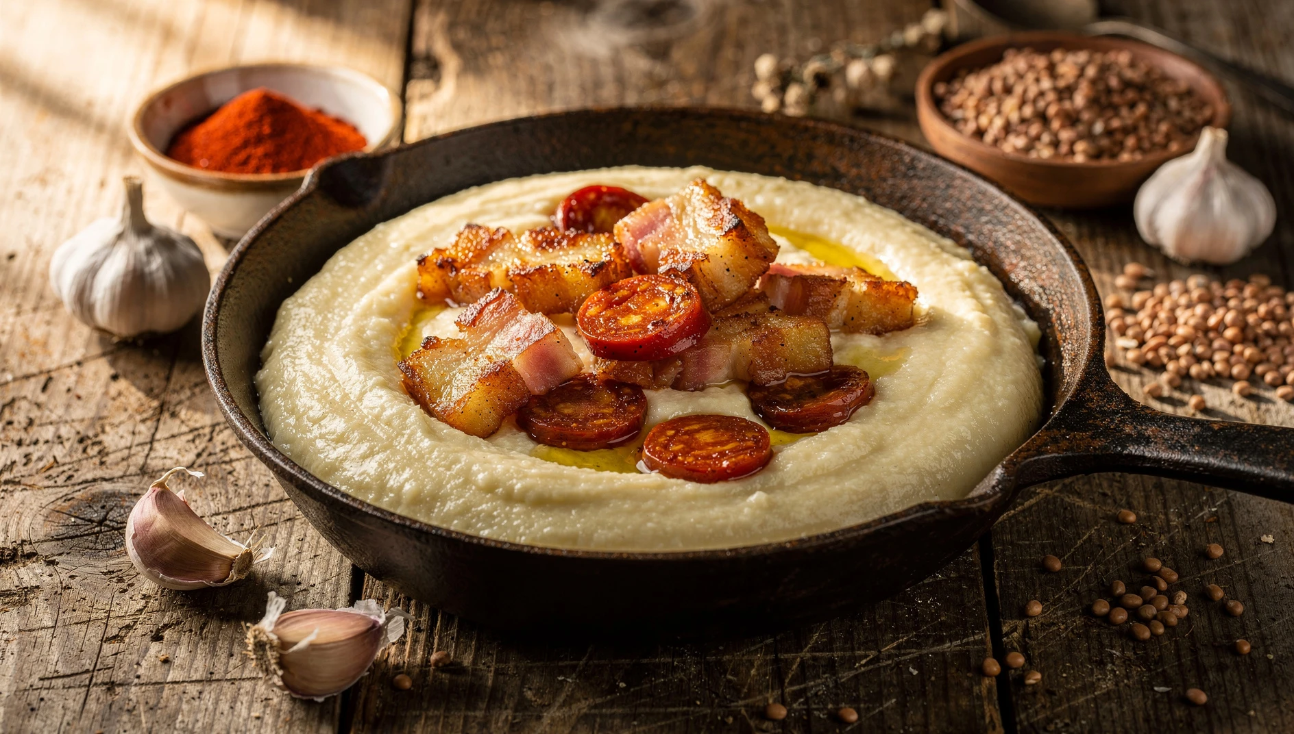 Sartén de hierro con gachas manchegas cremosas coronadas con panceta frita y chorizo sobre mesa de madera rústica
