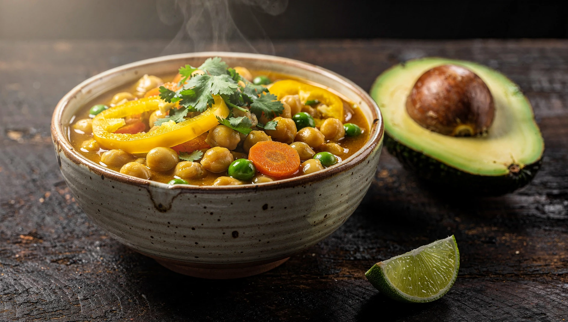 Guiso vegano de garbanzos con ají amarillo servido en un bol de barro con culantro fresco y aguacate al lado