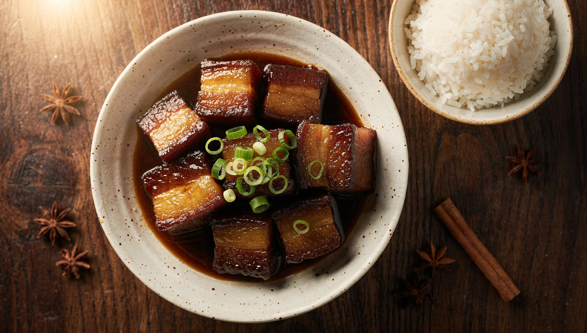 Cerdo rojo estofado al estilo Hunan con salsa caramelizada y cebolletas en un cuenco de cerámica