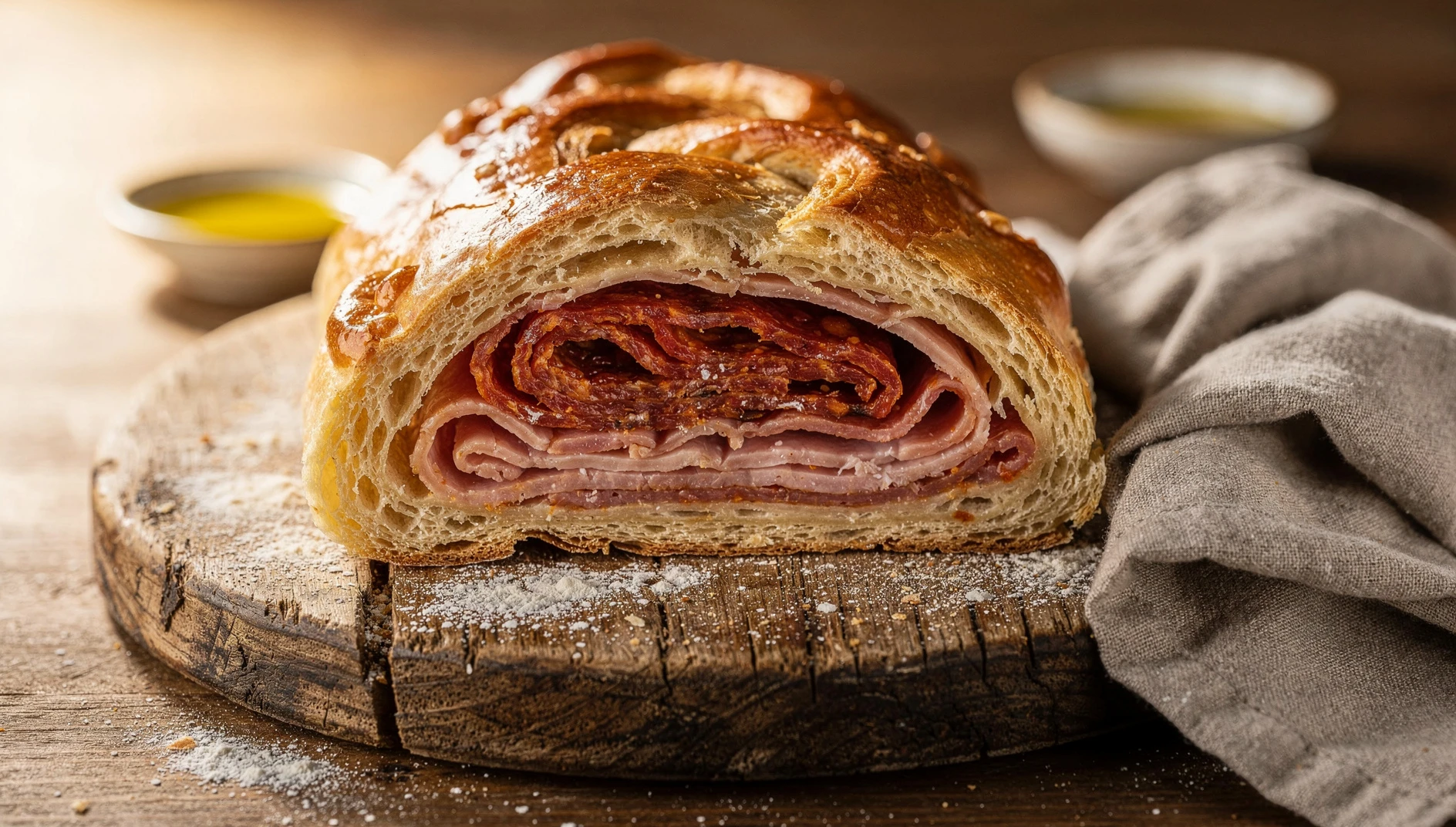 Hornazo salmantino recién horneado y cortado, con relleno de chorizo, lomo y jamón ibérico visible