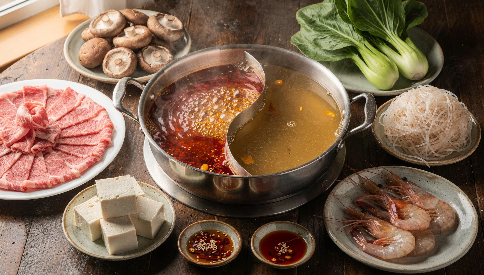 Olla de hot pot málà estilo Sichuan con caldo rojo picante y bandejas de ingredientes frescos alrededor