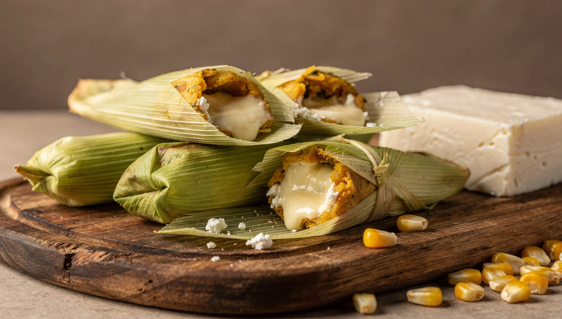 Humitas saladas con queso fresco servidas en hojas de choclo sobre tabla de madera
