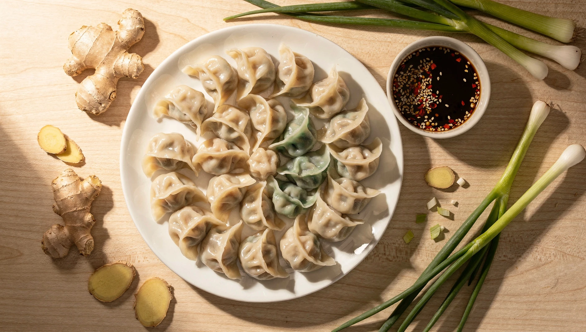 Plato de jiaozi chinos del norte hervidos y al vapor servidos con salsa de soja y sésamo