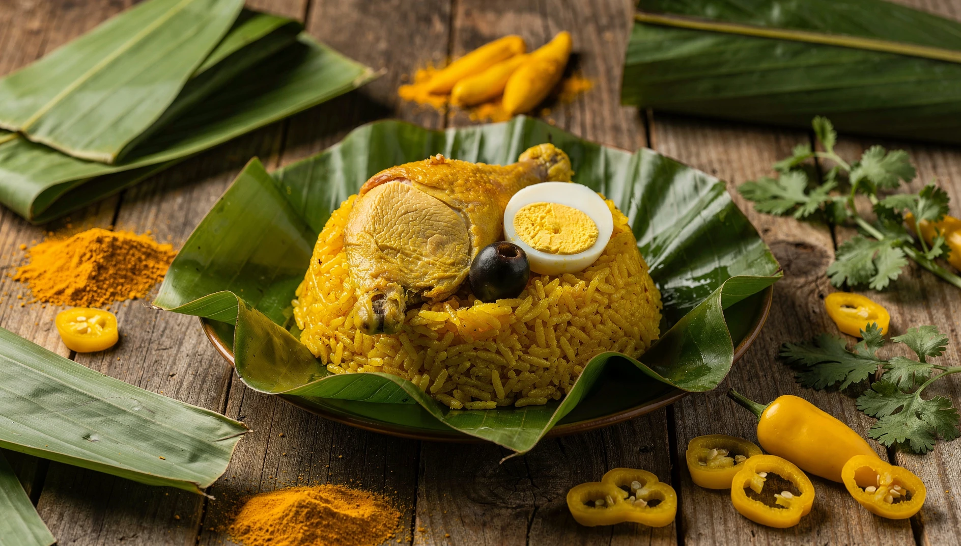 Juane de gallina tradicional envuelto en hoja de bijao, abierto sobre mesa rústica con arroz amarillo, presa de gallina, huevo duro y aceituna de botija