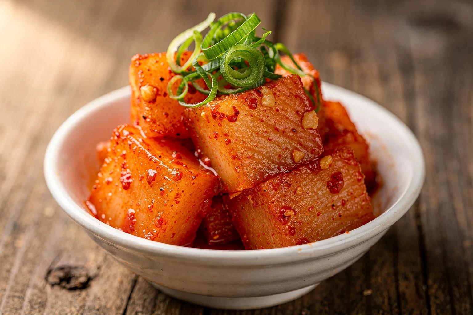 Kkakdugi coreano: kimchi tradicional de rábano en cubos