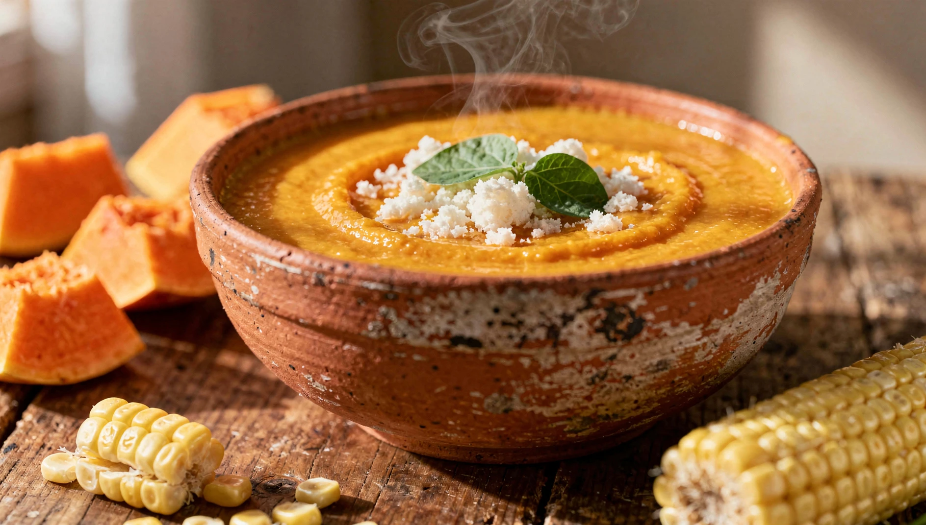 Tazón de lawa de zapallo andina cremosa decorada con hojas de huacatay y queso fresco desmenuzado