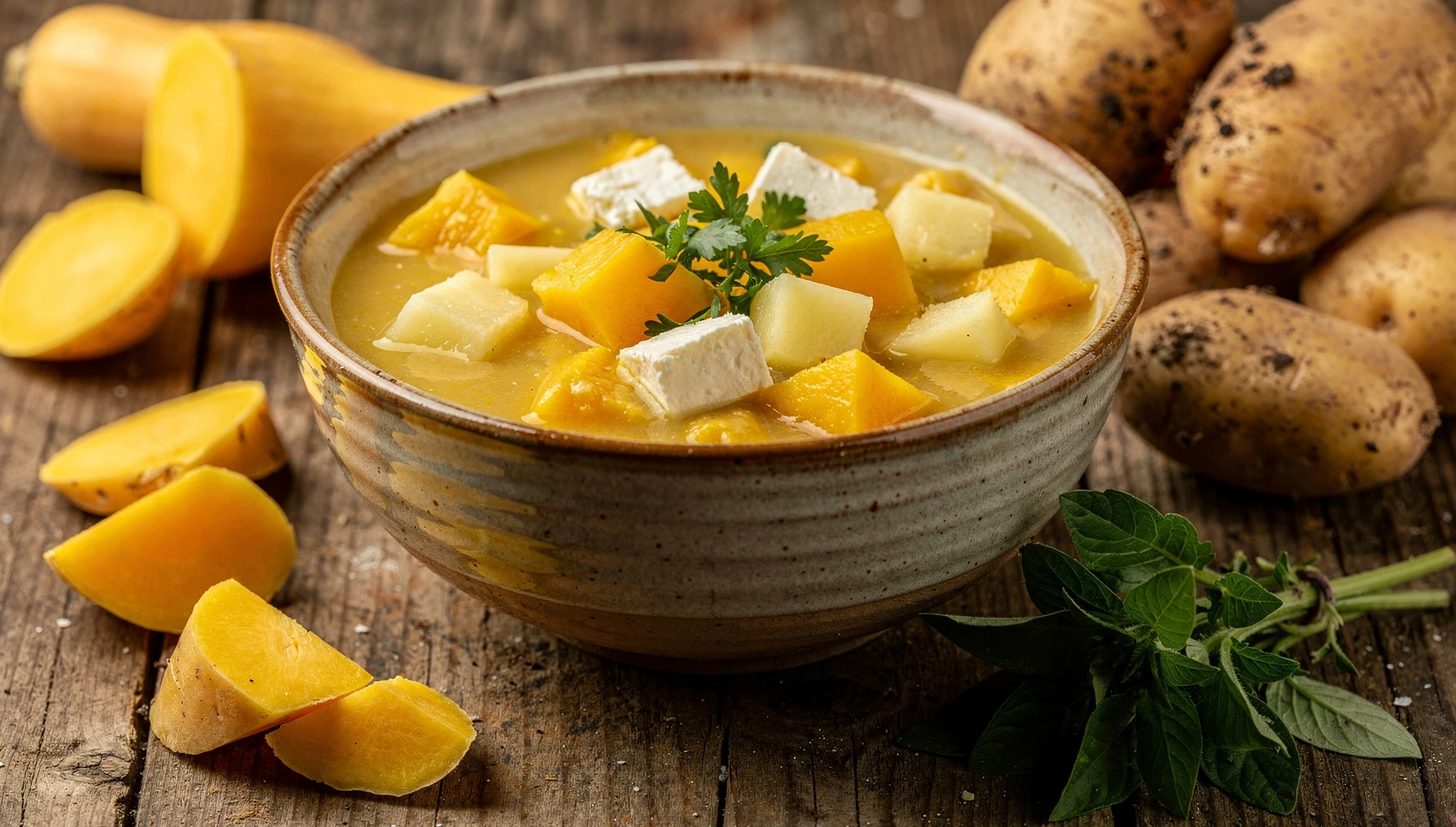 Locro de zapallo serrano con papa y queso fresco servido en un tazón de cerámica rústica con perejil picado