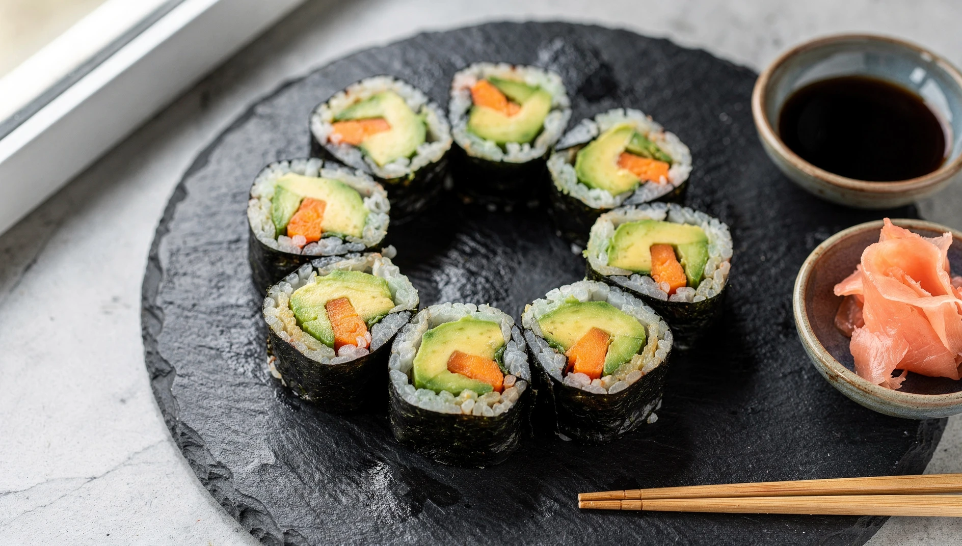 Piezas de maki vegano con palta, pepino y zanahoria sobre una tabla de pizarra con salsa de soja