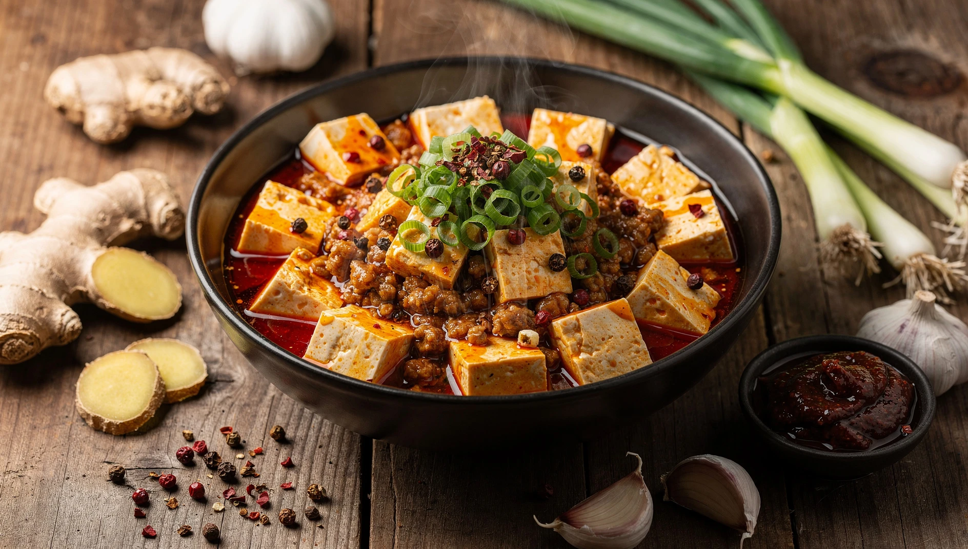 Mapo tofu sichuanés en bol de cerámica oscura con salsa roja picante y cebolleta verde picada