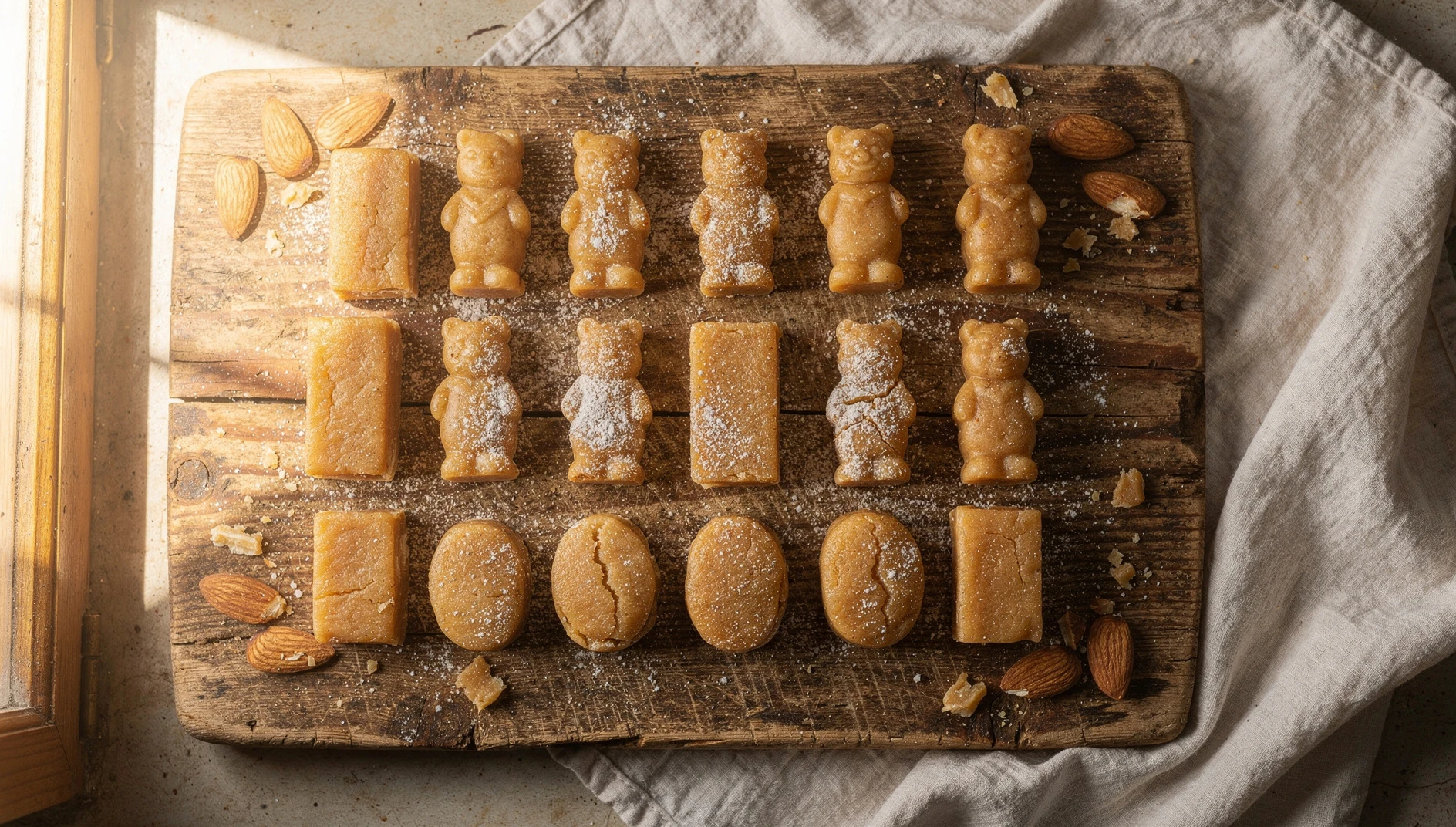 Piezas de mazapán de Toledo con forma tradicional sobre tabla de madera rústica con almendras y azúcar glas