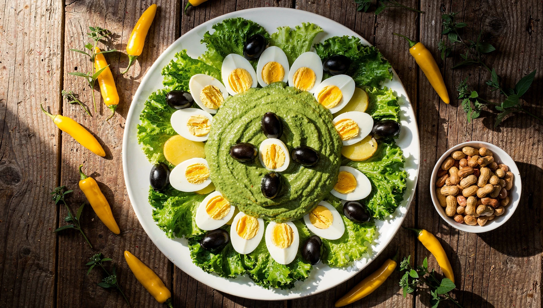 Plato de ocopa arequipeña con salsa de huacatay, papas cocidas, huevo duro y aceitunas negras sobre mesa de madera