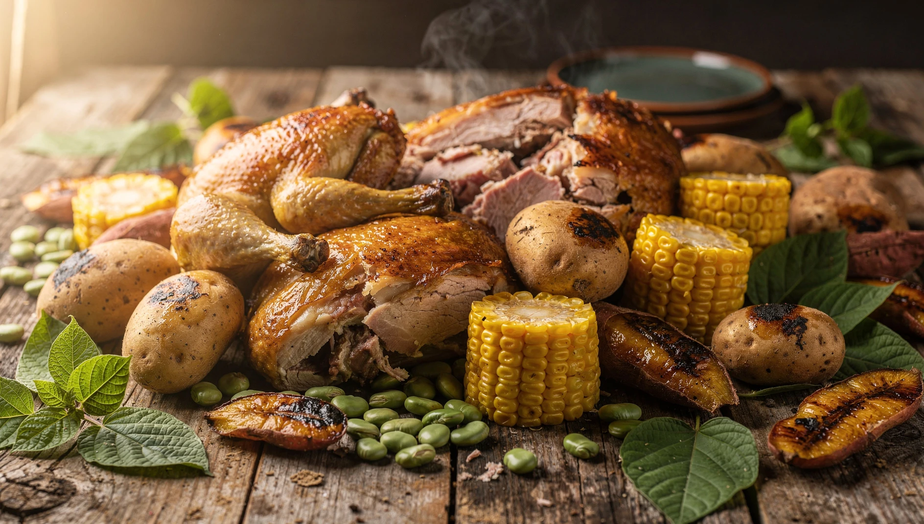 Pachamanca de pollo y cerdo con papas, camote, choclo y hierbas andinas recién desenterrada al estilo Huancayo