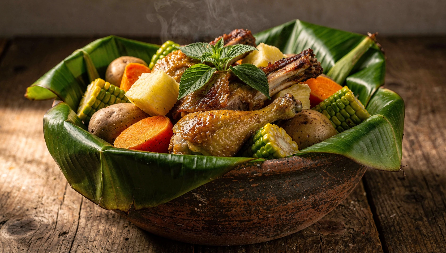 Pachamanca en olla con carnes, papas nativas, camote y yuca cubiertos con hojas de plátano