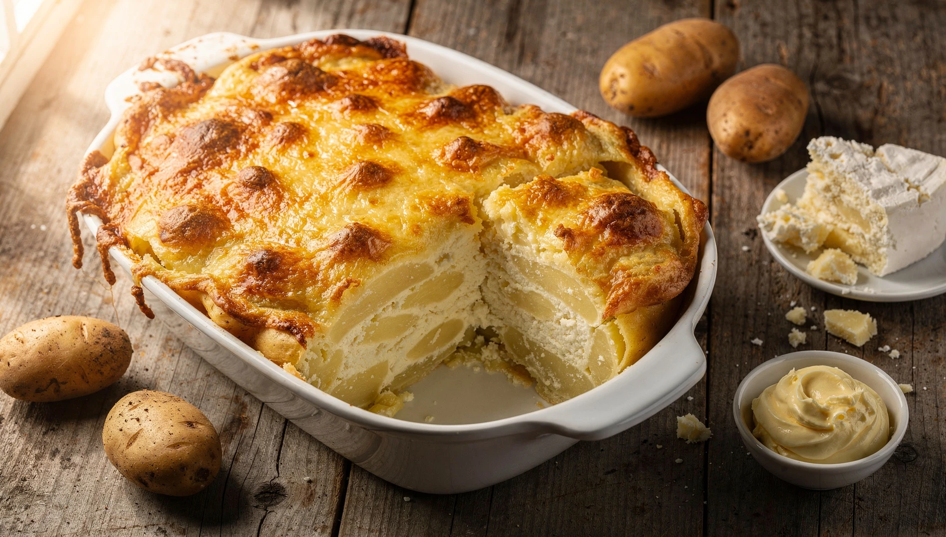 Pastel de papa arequipeño recién horneado con capa dorada de queso y interior cremoso servido en molde de cerámica