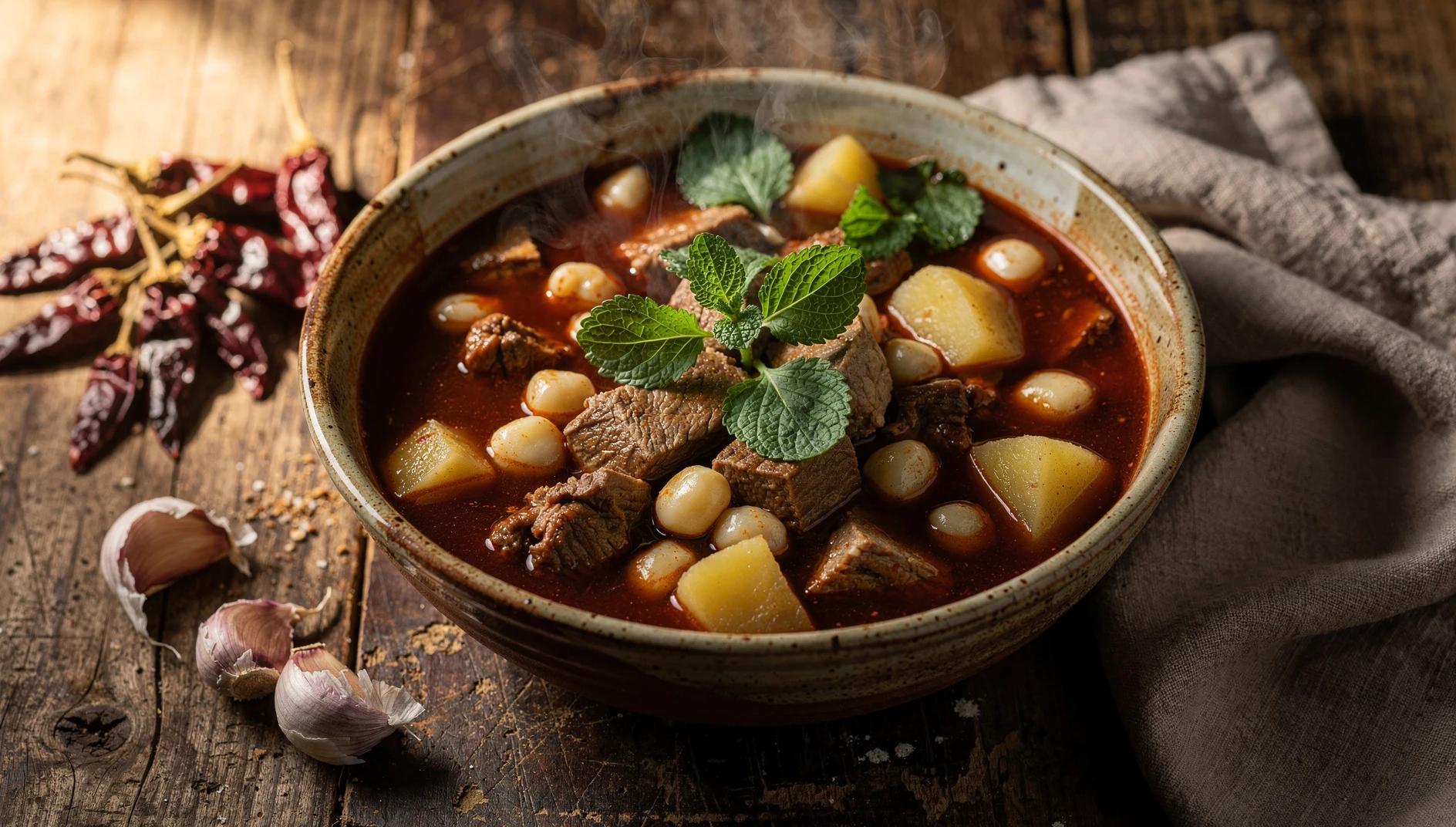 Tazón de patasca peruana con mondongo, mote reventado y papas en caldo de ají panca